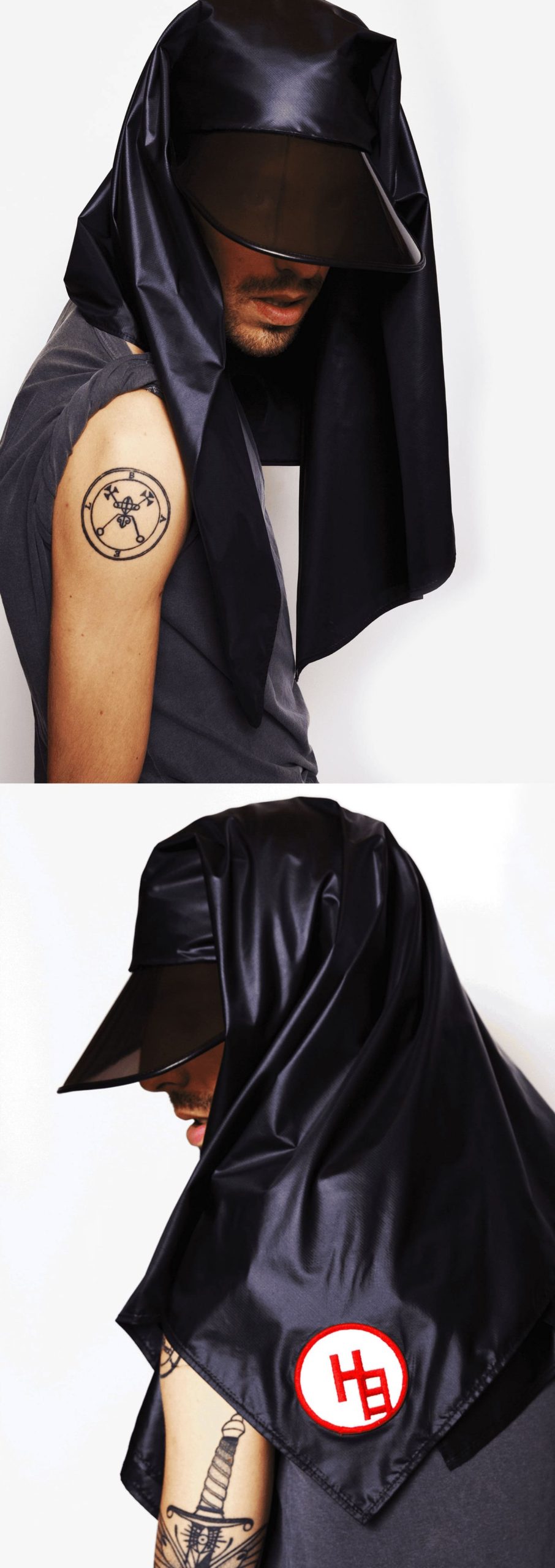 BLACKCREAM is a HIZUME’s a black scarf visor by nylon for SS21. BLACKCREAM est une casquette noir de HiZUME avec écharpe. 黑色（ブラック）のスカーフバイザー